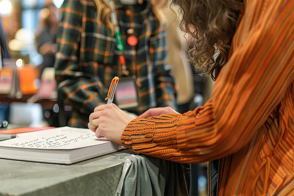 What to Expect at a Book Signing Writer signing copies of their best-selling book at a book signing event
