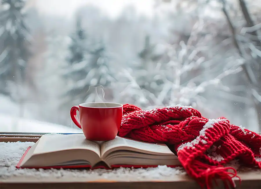 An open book with red scarf and mug of hot coffee on the windowsill